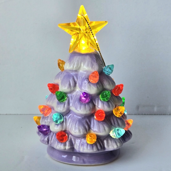 MrChristmas Mini Ceramic Trees, Multicolor Lights & Star Toppers, White & Violet - Picture 4 of 6